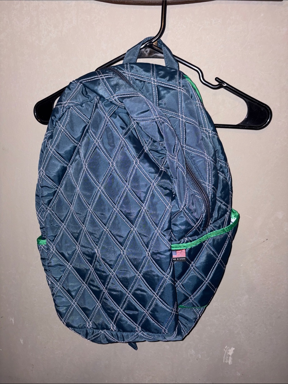 Quilted Navy Backpack with Green Trim - Unbranded